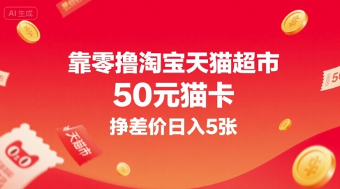 靠零撸淘宝天猫超市50元猫卡，挣差价日入5张网赚库-项目库-轻创网-中创网-福缘网-冒泡网-资源之家-AI光年冉冉网赚资源