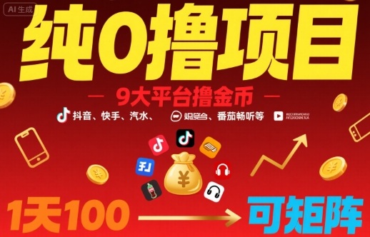 纯0撸项目，9大平台撸金币，抖音，快手，汽水，番茄畅听等，1天100，可矩阵网赚库-项目库-轻创网-中创网-福缘网-冒泡网-资源之家-AI光年冉冉网赚资源