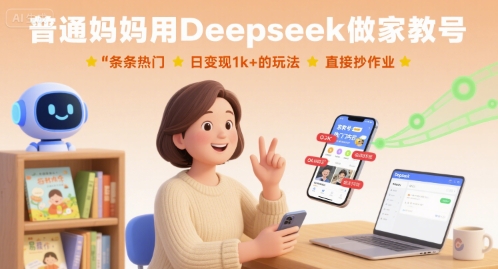 普通妈妈用Deepseek做家教号，条条热门，日变现1k+的玩法，直接抄作业网赚库-项目库-轻创网-中创网-福缘网-冒泡网-资源之家-AI光年冉冉网赚资源