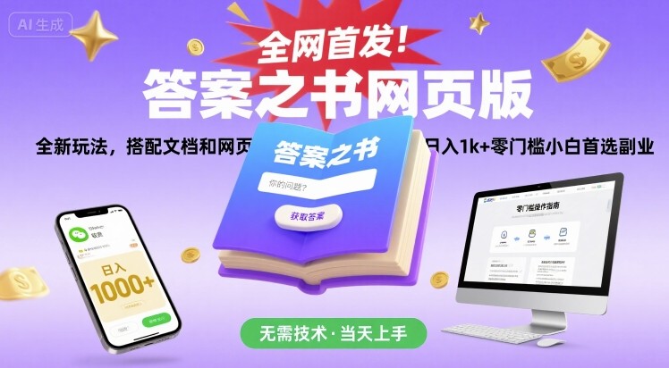 全网首发！答案之书网页版，全新玩法，搭配文档和网页，日入1k+零门槛小白首选副业【揭秘】网赚库-项目库-轻创网-中创网-福缘网-冒泡网-资源之家-AI光年冉冉网赚资源