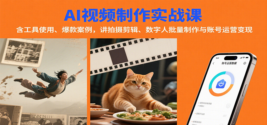 AI视频制作实战：含工具使用、爆款案例，讲拍摄剪辑、数字人批量制作与账号运营变现网赚库-项目库-轻创网-中创网-福缘网-冒泡网-资源之家-AI光年冉冉网赚资源