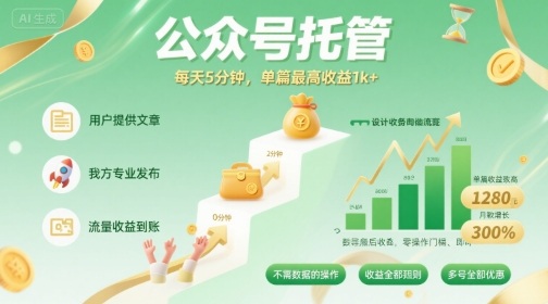 【公众号托管 】我提供文章，你发布，每天5分钟，单篇最高收益1k+【揭秘】网赚库-项目库-轻创网-中创网-福缘网-冒泡网-资源之家-AI光年冉冉网赚资源