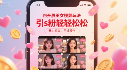 四开屏美女视频玩法，引s粉轻轻松松，暴力掘金，手机操作【揭秘】网赚库-项目库-轻创网-中创网-福缘网-冒泡网-资源之家-AI光年冉冉网赚资源