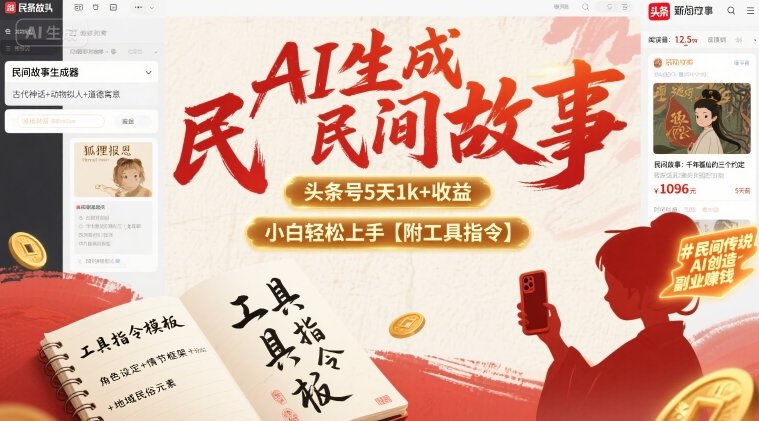 AI生成民间故事，头条号5天1k+，小白轻松上手【附工具指令】网赚库-项目库-轻创网-中创网-福缘网-冒泡网-资源之家-AI光年冉冉网赚资源