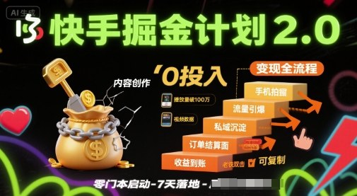 快手掘金计划2.0，快手电商变现全流程，简单可复制，0投入网赚库-项目库-轻创网-中创网-福缘网-冒泡网-资源之家-AI光年冉冉网赚资源