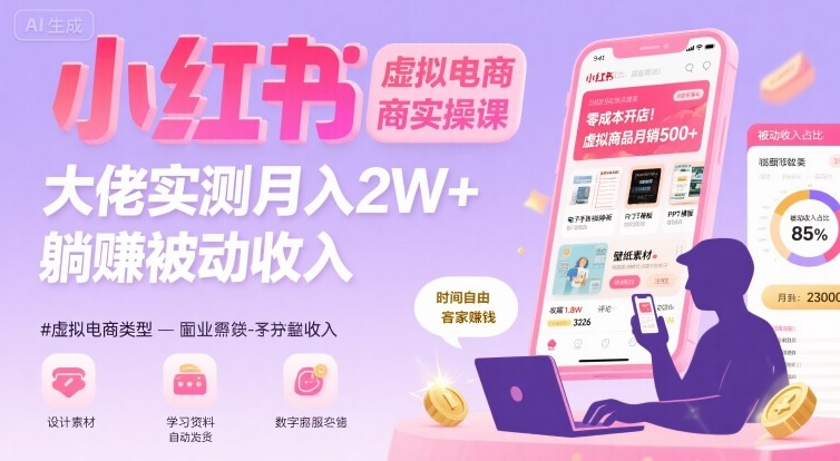 小红书虚拟电商，大佬实测月入2W+，实现被动收入网赚库-项目库-轻创网-中创网-福缘网-冒泡网-资源之家-AI光年冉冉网赚资源