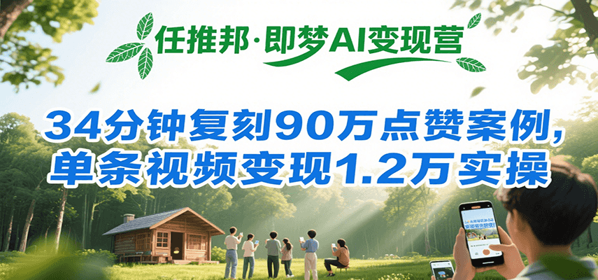 任推邦·即梦AI变现营，34分钟复刻90万点赞案例，单条视频变现1.2万实操网赚库-项目库-轻创网-中创网-福缘网-冒泡网-资源之家-AI光年冉冉网赚资源