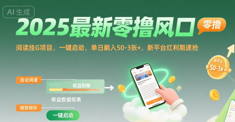 2025最新零撸风口，阅读挂G项目，一键启动，单日躺入 50-3张+，新平台红利期速抢【揭秘】网赚库-项目库-轻创网-中创网-福缘网-冒泡网-资源之家-AI光年冉冉网赚资源
