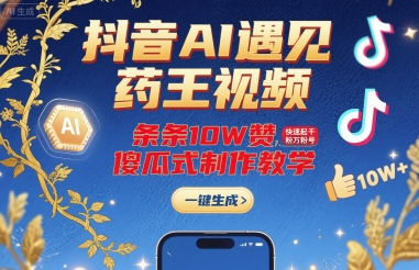 抖音AI遇见药王视频，条条10W赞，快速起千粉万粉号，傻瓜式制作教学网赚库-项目库-轻创网-中创网-福缘网-冒泡网-资源之家-AI光年冉冉网赚资源