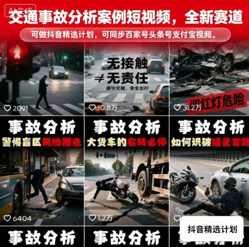 交通事故分析案例短视频，全新赛道，可做抖音精选计划，可同步百家号头条号支付宝视频号平台网赚库-项目库-轻创网-中创网-福缘网-冒泡网-资源之家-AI光年冉冉网赚资源