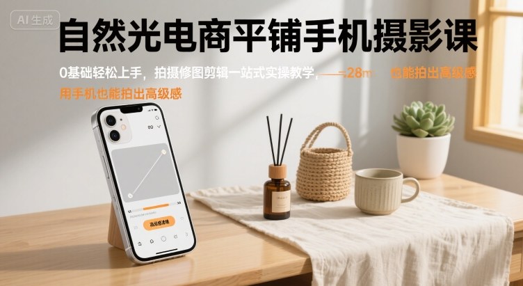 自然光电商平铺手机摄影课，0基础轻松上手，拍摄修图剪辑一站式实操教学，用手机也能拍出高级感网赚库-项目库-轻创网-中创网-福缘网-冒泡网-资源之家-AI光年冉冉网赚资源