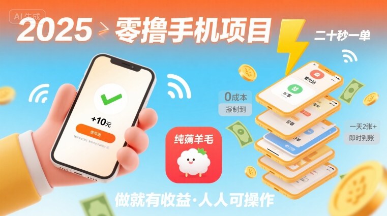 2025年零撸手机项目，二十秒一单，纯薅羊毛 一天2张+做就有网赚库-项目库-轻创网-中创网-福缘网-冒泡网-资源之家-AI光年冉冉网赚资源