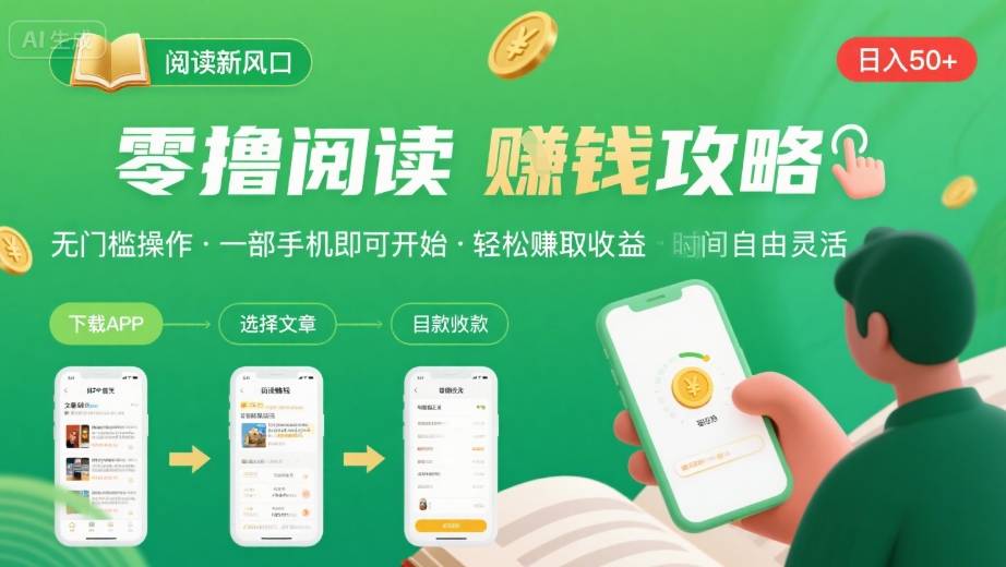零撸阅读新风口，无门槛轻松挣，一部手机，日入 50-3张【揭秘】网赚库-项目库-轻创网-中创网-福缘网-冒泡网-资源之家-AI光年冉冉网赚资源