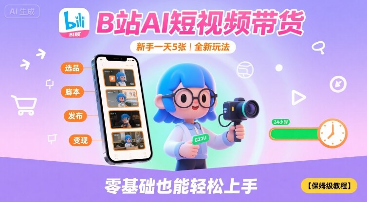 B站AI短视频带货，新手一天5张，全新玩法【保姆级教程】网赚库-项目库-轻创网-中创网-福缘网-冒泡网-资源之家-AI光年冉冉网赚资源