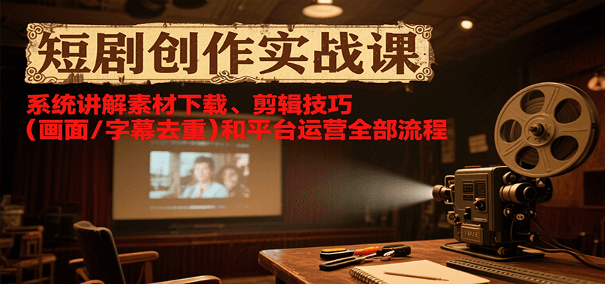 短剧创作实战课，系统讲解素材下载、剪辑技巧(画面/字幕去重)和平台运营全部流程网赚库-项目库-轻创网-中创网-福缘网-冒泡网-资源之家-AI光年冉冉网赚资源