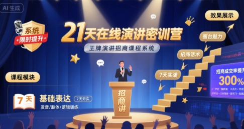 21天在线演讲密训营，王牌演讲招商课程系统网赚库-项目库-轻创网-中创网-福缘网-冒泡网-资源之家-AI光年冉冉网赚资源