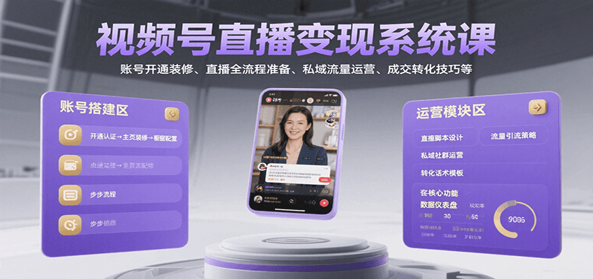 视频号直播变现系统课，账号开通装修、直播全流程准备、私域流量运营、成交转化技巧等网赚库-项目库-轻创网-中创网-福缘网-冒泡网-资源之家-AI光年冉冉网赚资源