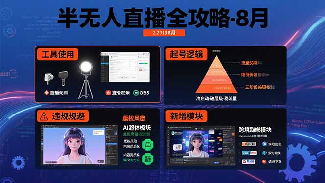 半无人直播全攻略-8月：工具使用+起号逻辑+违规规避,新增AI超体与跨境模块网赚库-项目库-轻创网-中创网-福缘网-冒泡网-资源之家-AI光年冉冉网赚资源