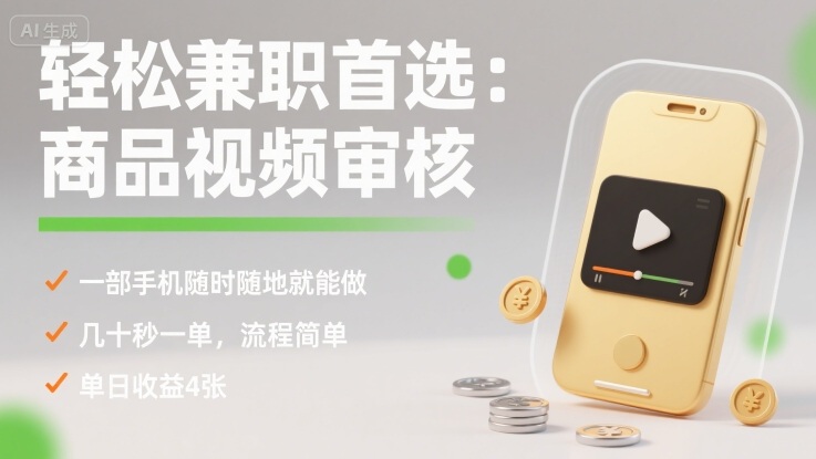 轻松兼职首选：商品视频审核，一部手机随时随地就能做，几十秒一单，流程简单，单日收益4张【揭秘】网赚库-项目库-轻创网-中创网-福缘网-冒泡网-资源之家-AI光年冉冉网赚资源