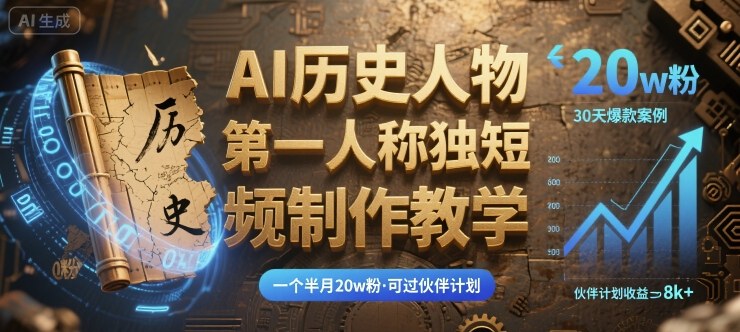 最新AI历史人物第一人称独白短视频制作教学，一个半月20w粉，可过伙伴计划网赚库-项目库-轻创网-中创网-福缘网-冒泡网-资源之家-AI光年冉冉网赚资源
