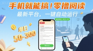 手机就能搞！零撸阅读挂G，最新平台，一键自动运行，随时随地挣，单日50-3张+【揭秘】网赚库-项目库-轻创网-中创网-福缘网-冒泡网-资源之家-AI光年冉冉网赚资源
