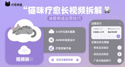 猫咪疗愈长视频拆解 &油管频道运营技巧网赚库-项目库-轻创网-中创网-福缘网-冒泡网-资源之家-AI光年冉冉网赚资源