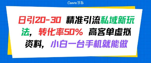 日引 20-30 精准引流私域新玩法，转化率50% 高客单虚拟资料，小白一台手机就能做网赚库-项目库-轻创网-中创网-福缘网-冒泡网-资源之家-AI光年冉冉网赚资源