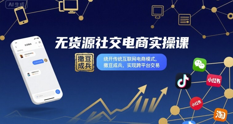 无货源社交电商实操课，绕开传统互联网电商模式，撒豆成兵，实现跨平台交易网赚库-项目库-轻创网-中创网-福缘网-冒泡网-资源之家-AI光年冉冉网赚资源