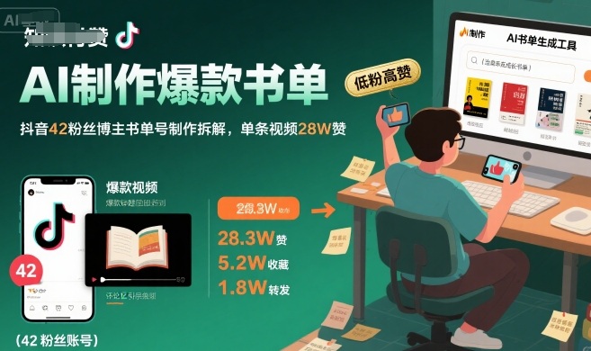 AI制作爆款书单，抖音42粉丝博主书单号制作拆解，单条视频28W赞网赚库-项目库-轻创网-中创网-福缘网-冒泡网-资源之家-AI光年冉冉网赚资源