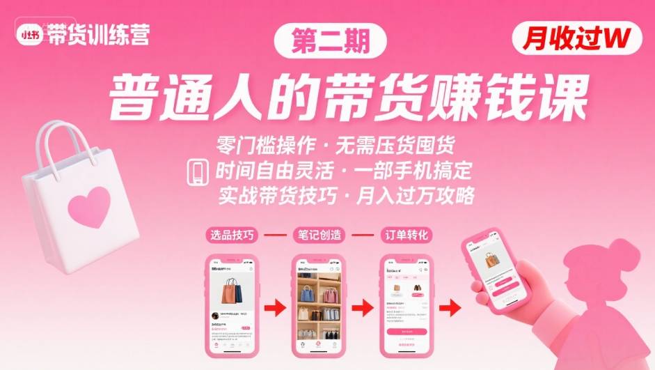小红书带货第二期训练营，普通人月收过W的带货课，时间自由，零门槛无压货，一部手机即可操作网赚库-项目库-轻创网-中创网-福缘网-冒泡网-资源之家-AI光年冉冉网赚资源