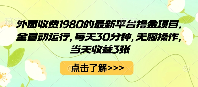 外面收费1980的最新平台撸金项目，全自动运行，每天30分钟，无脑操作，当天收益3张【揭秘】网赚库-项目库-轻创网-中创网-福缘网-冒泡网-资源之家-AI光年冉冉网赚资源