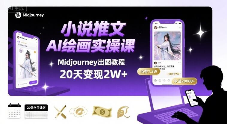 小说推文干货分享之AI绘画MJ出图实操课，用Midjourney做小说推文，20天挣2w网赚库-项目库-轻创网-中创网-福缘网-冒泡网-资源之家-AI光年冉冉网赚资源