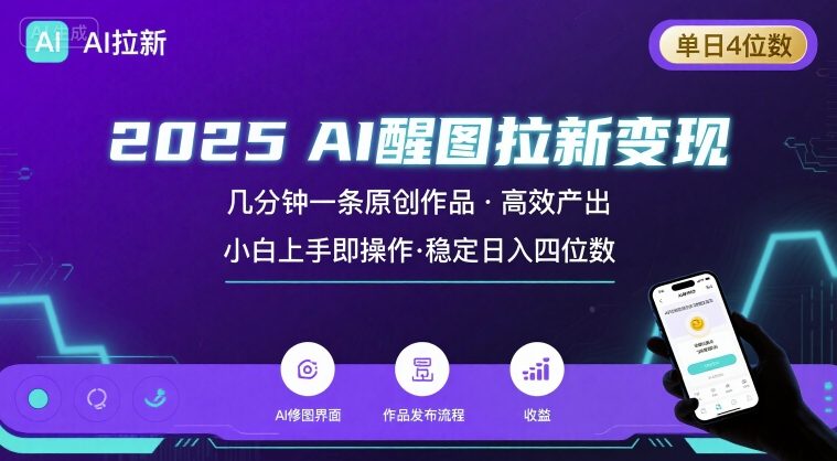 2025最强AI醒图拉新，几分钟一条原创作品，单日收入4位数，小白也能上手操作网赚库-项目库-轻创网-中创网-福缘网-冒泡网-资源之家-AI光年冉冉网赚资源