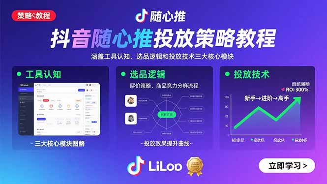 抖音随心推投放策略教程：涵盖工具认知、选品逻辑和投放技术三大核心模块网赚库-项目库-轻创网-中创网-福缘网-冒泡网-资源之家-AI光年冉冉网赚资源