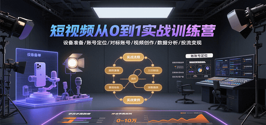 短视频从0到1实战训练营：设备准备/账号定位/对标账号/视频创作/数据分析/投流变现网赚库-项目库-轻创网-中创网-福缘网-冒泡网-资源之家-AI光年冉冉网赚资源