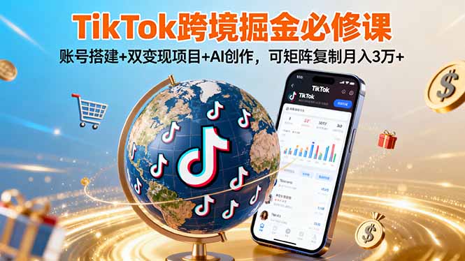 TikTo跨境掘金必修课，账号搭建+双变现项目+AI创作，可矩阵复制月入3万+网赚库-项目库-轻创网-中创网-福缘网-冒泡网-资源之家-AI光年冉冉网赚资源
