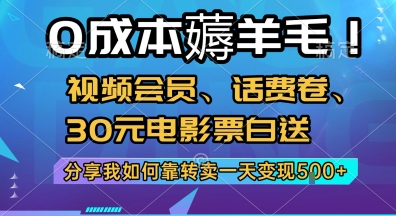 0成本薅羊毛!视频会员、话费卷、30元电影票白送，分享我如何靠转卖一天变现5张+【揭秘】网赚库-项目库-轻创网-中创网-福缘网-冒泡网-资源之家-AI光年冉冉网赚资源