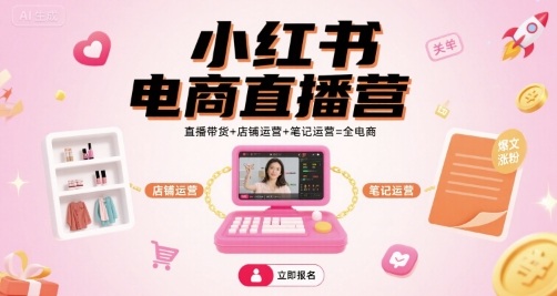 小红书电商直播营，直播带货+店铺运营+笔记运营=全电商网赚库-项目库-轻创网-中创网-福缘网-冒泡网-资源之家-AI光年冉冉网赚资源
