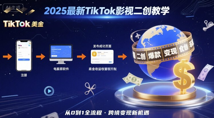 2025年最新TikTok影视二创教学，从注册到发布撸美金全流程，跨境变现新机遇网赚库-项目库-轻创网-中创网-福缘网-冒泡网-资源之家-AI光年冉冉网赚资源