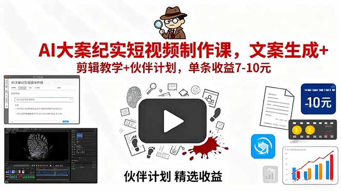 AI大案纪实短视频制作课，文案生成+剪辑教学+伙伴计划，单条收益7-10元网赚库-项目库-轻创网-中创网-福缘网-冒泡网-资源之家-AI光年冉冉网赚资源