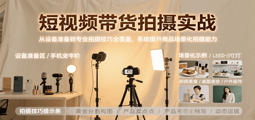 短视频带货拍摄实战，从设备准备到专业拍摄技巧全覆盖，系统提升商品场景化拍摄能力网赚库-项目库-轻创网-中创网-福缘网-冒泡网-资源之家-AI光年冉冉网赚资源