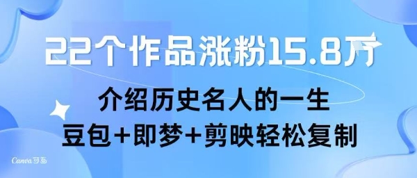 22个作品涨粉15.8W ，介绍历史名人的一生 ， 豆包+即梦+剪映轻松复制网赚库-项目库-轻创网-中创网-福缘网-冒泡网-资源之家-AI光年冉冉网赚资源