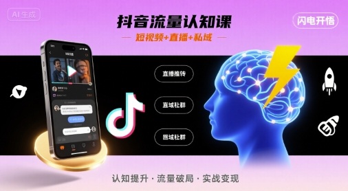 抖音流量认知课，短视频+直播+私域，认知提升，闪电开悟网赚库-项目库-轻创网-中创网-福缘网-冒泡网-资源之家-AI光年冉冉网赚资源