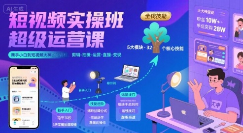 短视频实操班超级运营课，新手小白到短视频大神必修课程，剪辑-拍摄-运营-直播-变现网赚库-项目库-轻创网-中创网-福缘网-冒泡网-资源之家-AI光年冉冉网赚资源