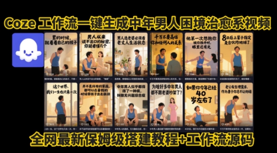 coze工作流一键生成”中年男人困境扎心高涨粉高播放量图文视频”保姆级拆解教程，无需剪辑，无需拍摄写文案网赚库-项目库-轻创网-中创网-福缘网-冒泡网-资源之家-AI光年冉冉网赚资源
