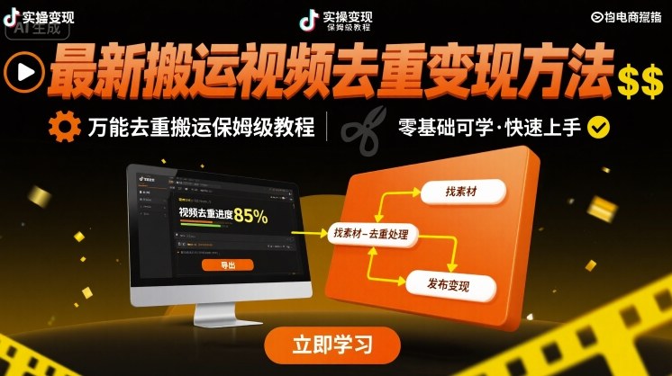 最新搬运视频去重变现方法，万能去重搬运保姆级教程网赚库-项目库-轻创网-中创网-福缘网-冒泡网-资源之家-AI光年冉冉网赚资源
