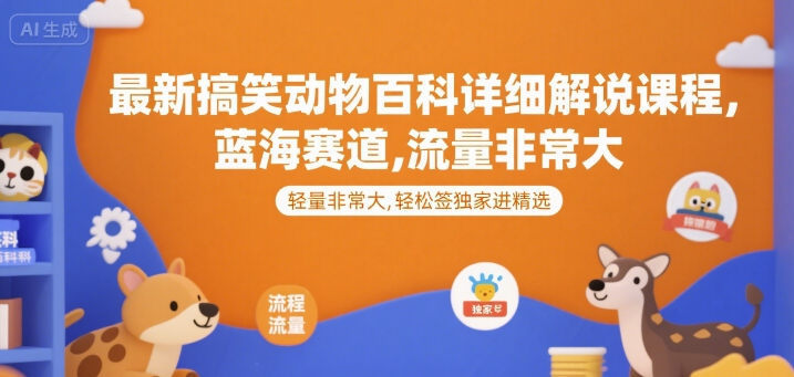 最新搞笑动物百科详细解说课程，蓝海赛道，流量非常大，轻松签独家进精选网赚库-项目库-轻创网-中创网-福缘网-冒泡网-资源之家-AI光年冉冉网赚资源