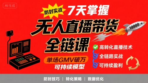 无人直播带货全链防封实战课，7天掌握高转化直播技术，实现单场GMV破万可持续模型网赚库-项目库-轻创网-中创网-福缘网-冒泡网-资源之家-AI光年冉冉网赚资源