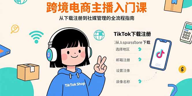 跨境电商主播入门课，TikTok下载注册，支付工具配置，社媒账号管理全流程网赚库-项目库-轻创网-中创网-福缘网-冒泡网-资源之家-AI光年冉冉网赚资源