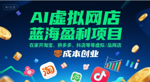 AI虚拟网店蓝海盈利项目，在家开淘宝、拼多多、抖店等虚拟品网店，零成本创业网赚库-项目库-轻创网-中创网-福缘网-冒泡网-资源之家-AI光年冉冉网赚资源